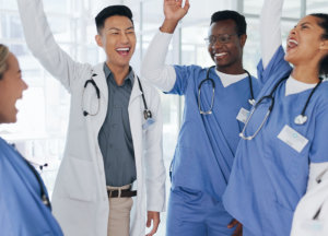 Doctor, hands or stack in teamwork motivation
