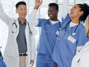 Doctor, hands or stack in teamwork motivation